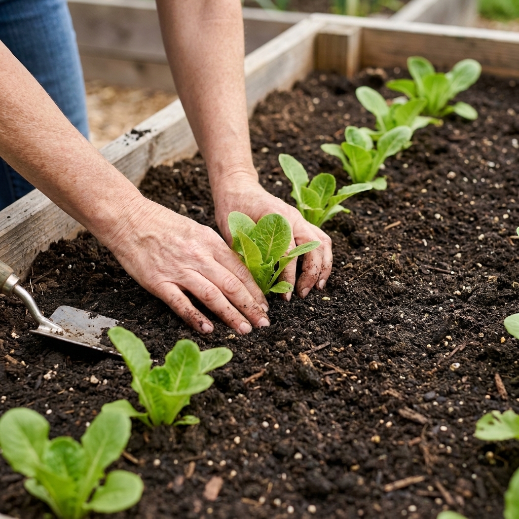 A gardener's hands placing small lettuce seedlings into a raised bed in a straight row, with dark compost-rich soil and a trowel visible