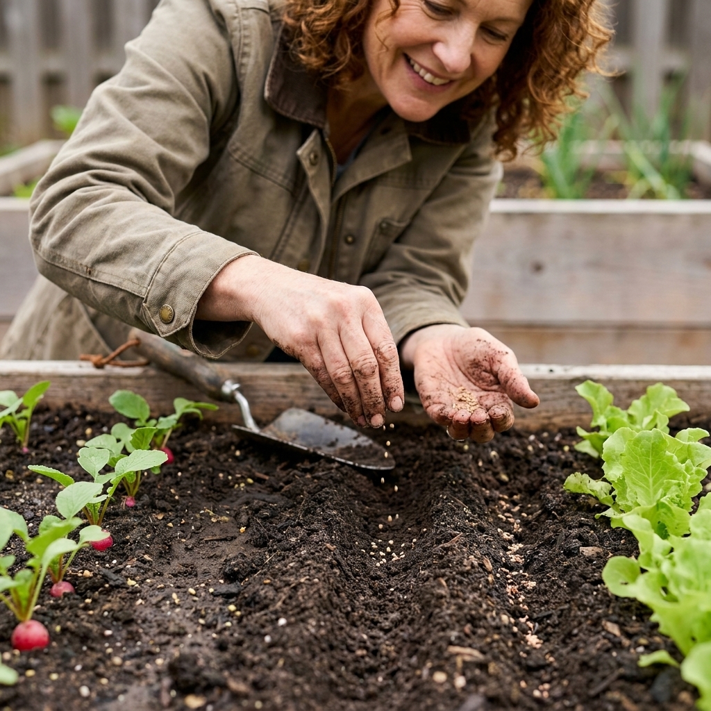 A gardener's hands sowing seeds into shallow furrows in a raised bed with early spring soil and small seedlings nearby