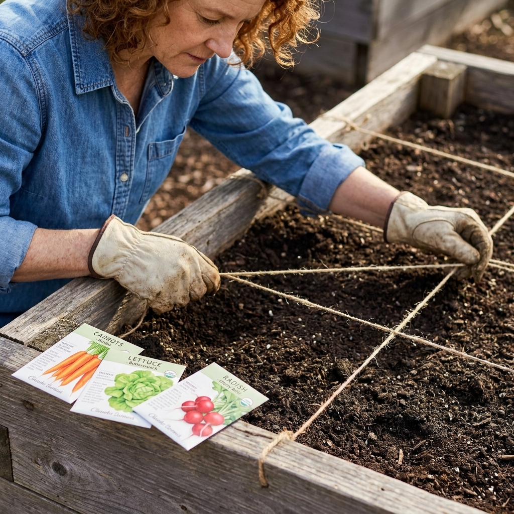 A gardener's hands stretching twine across a raised bed to create one-foot squares for planting, with seed packets resting on the bed edge