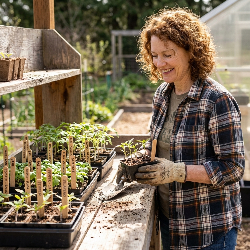 A gardener’s potting bench with small trays of vegetable seedlings and handwritten plant markers grouped together by crop type, natural outdoor light