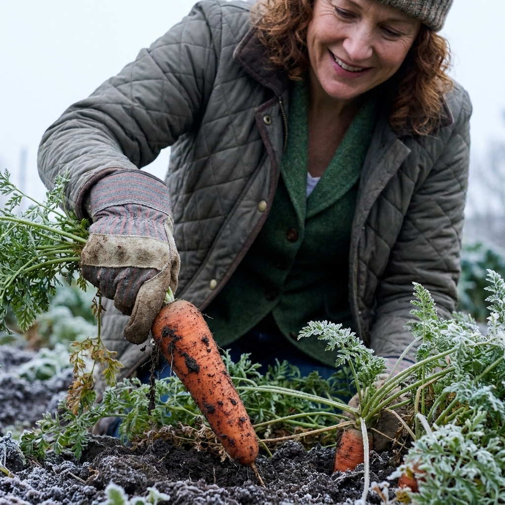 A gloved hand pulling an orange carrot from dark garden soil on a cold day, with other carrot tops nearby