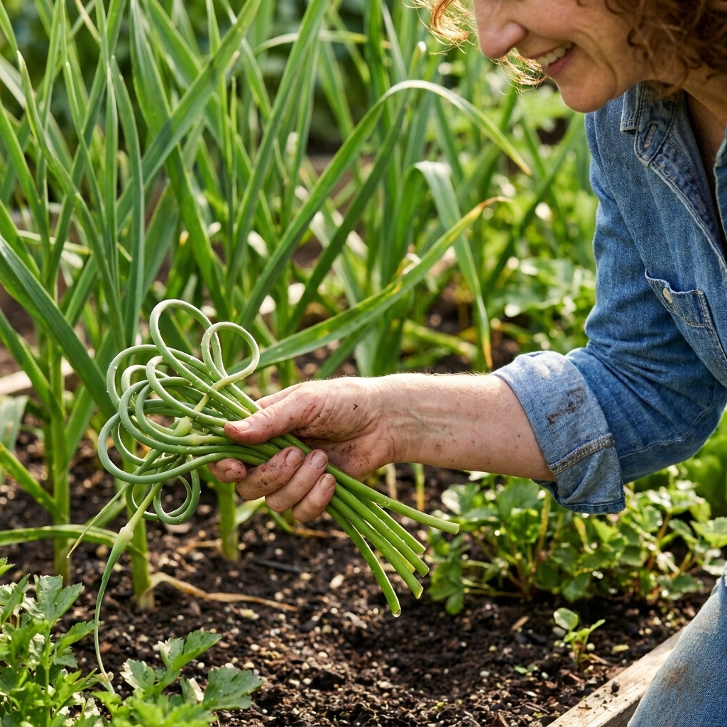 A hand holding freshly cut curly garlic scapes over a garden bed, with green garlic leaves in the background