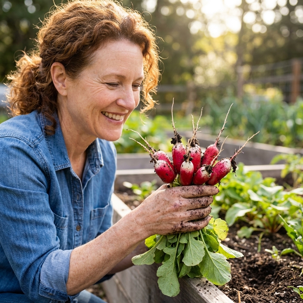 A hand holding freshly pulled French breakfast radishes with soil clinging to the roots beside a garden bed