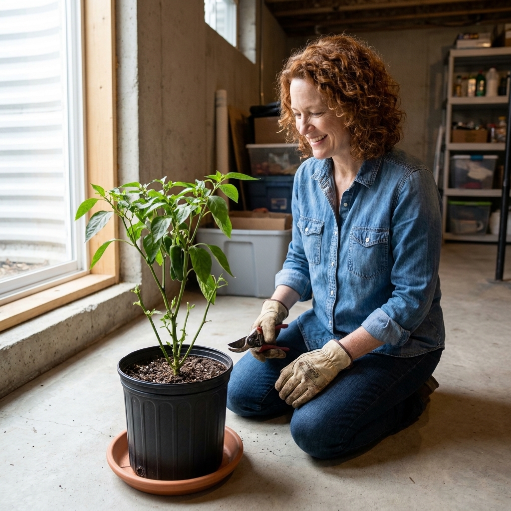 A healthy pepper plant newly potted into a simple nursery pot, sitting on a basement floor near a bright window, with pruned stems and a saucer underneath