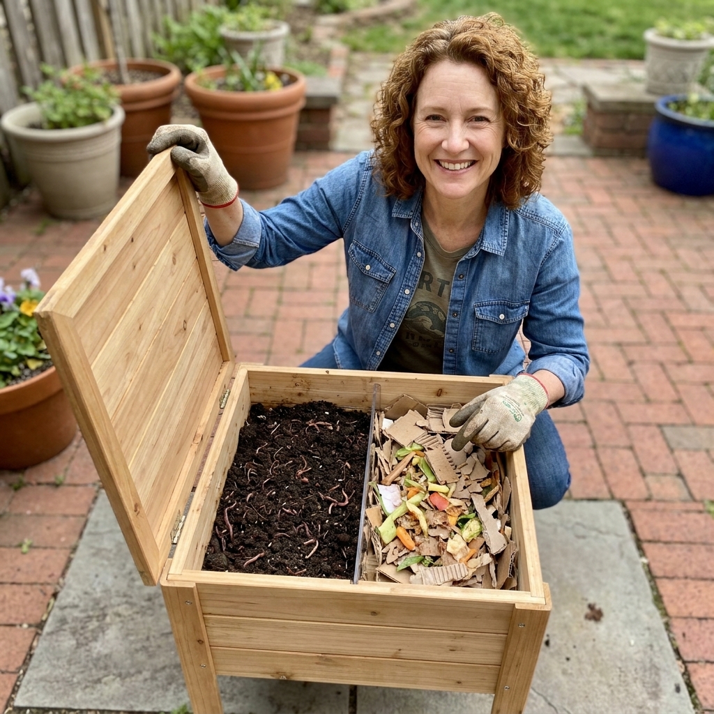 A home worm bin opened on a patio, with dark finished castings on one side and fresh bedding on the other, showing the side-to-side migration method