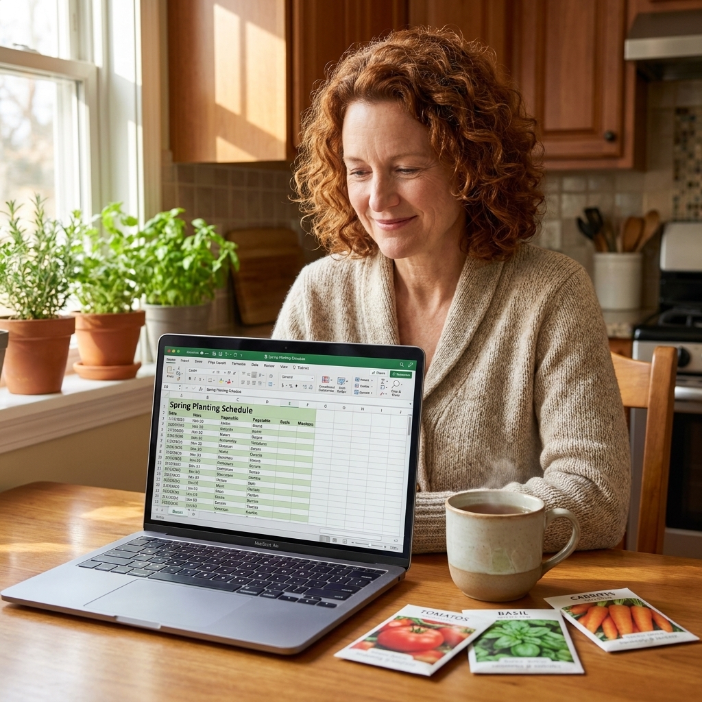 A laptop on a wooden table displaying a planting schedule, with a mug of tea and seed packets nearby in a cozy kitchen