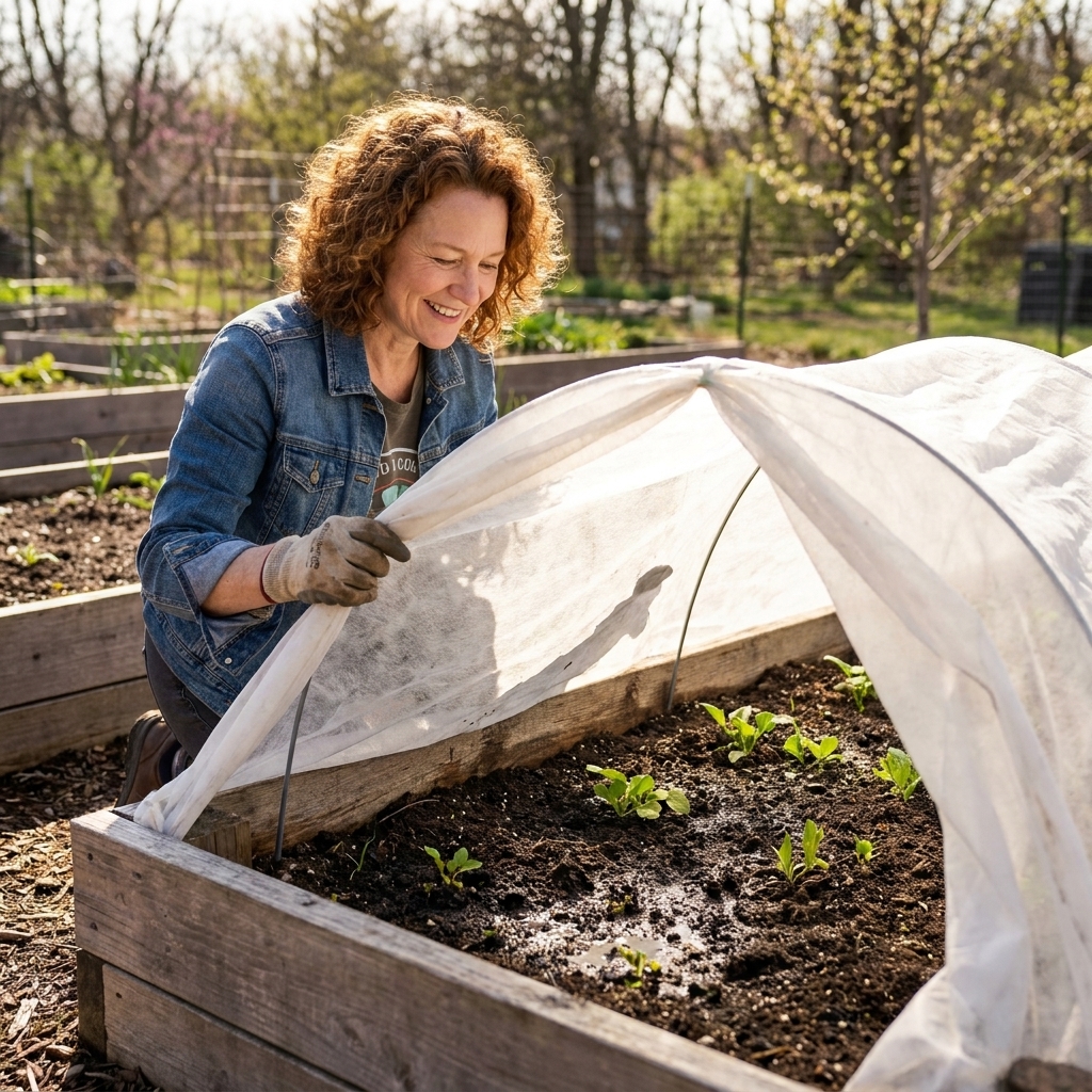 A lightweight white row cover draped over wire hoops on a raised garden bed in early spring, with moist soil and small green seedlings inside