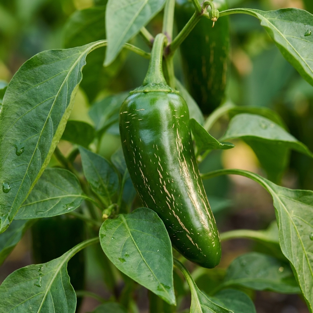 A mature green jalapeño pepper on the plant showing light corking lines, with glossy skin and healthy pepper leaves