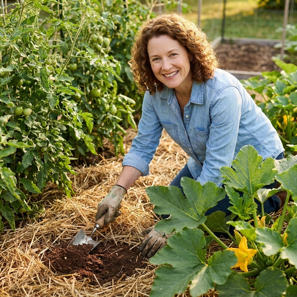 A mulched summer vegetable garden bed with tomatoes and squash, showing dark soil under straw mulch and healthy green leaves