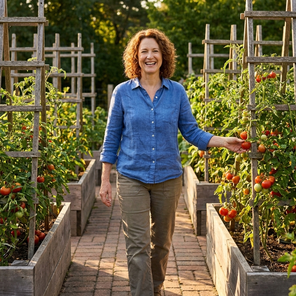 A neat paver walkway running between raised vegetable beds with trellised tomatoes in late afternoon sunlight