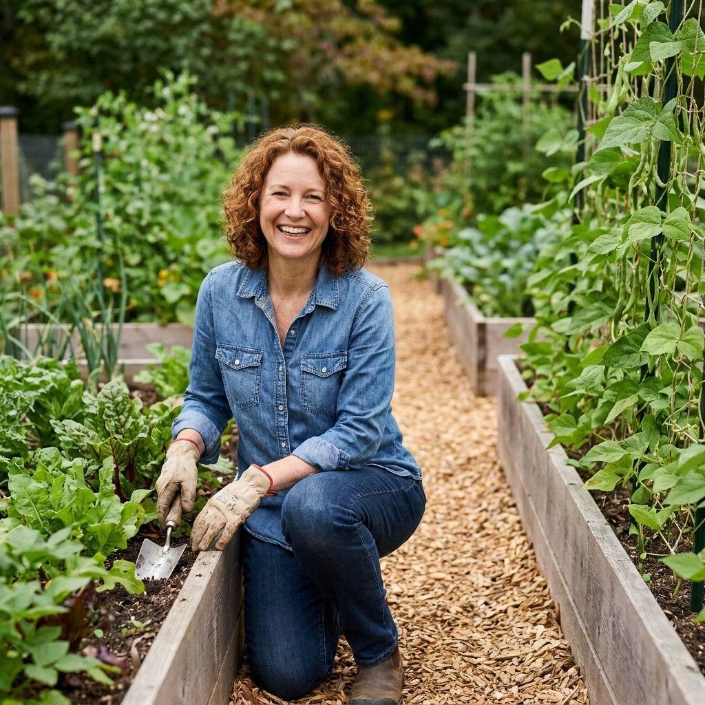 A neat wood chip garden path between two raised vegetable beds, with leafy greens and trellised beans growing on either side