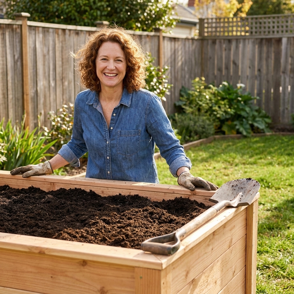 A newly filled wooden raised bed with dark, fluffy soil and a garden shovel resting on the edge in a sunny backyard