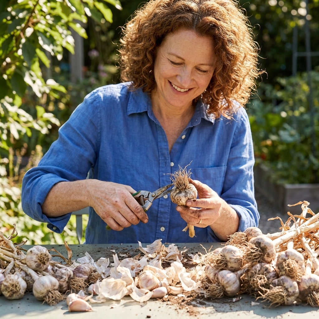 A pair of garden snips trimming dried garlic roots over a table with several cured bulbs and papery skins