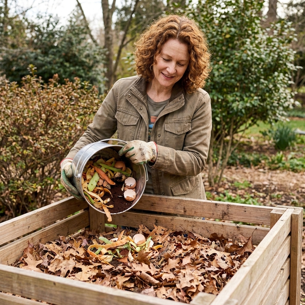 A person tipping a small kitchen compost pail of vegetable peels into an outdoor compost bin with dry leaves visible on top