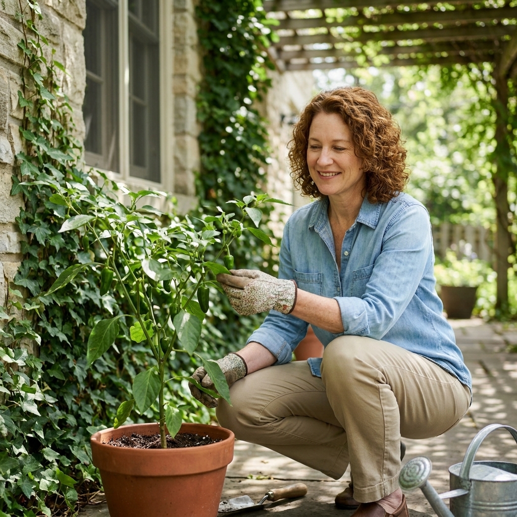 A potted pepper plant sitting on a shaded patio near a house wall, acclimating outdoors on a mild spring day