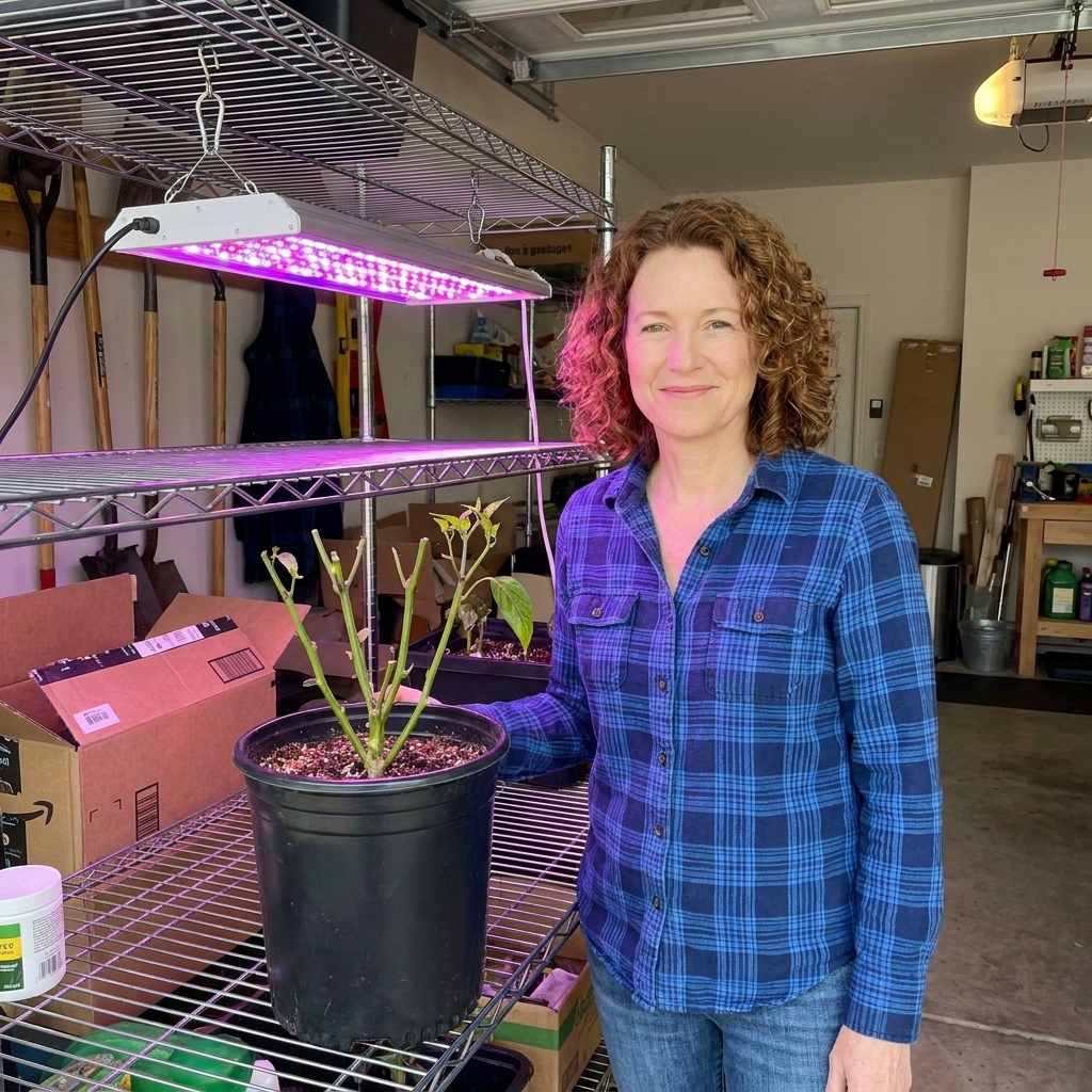 A pruned pepper plant in a black nursery pot sitting under an LED grow light on a wire shelving unit in a garage
