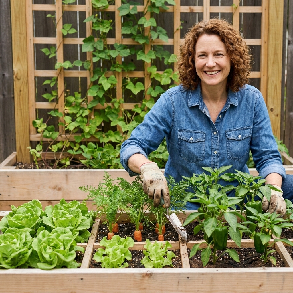A raised bed garden midseason with vegetables planted in neat square blocks, including lettuce, carrots, and peppers, with a trellis at the back