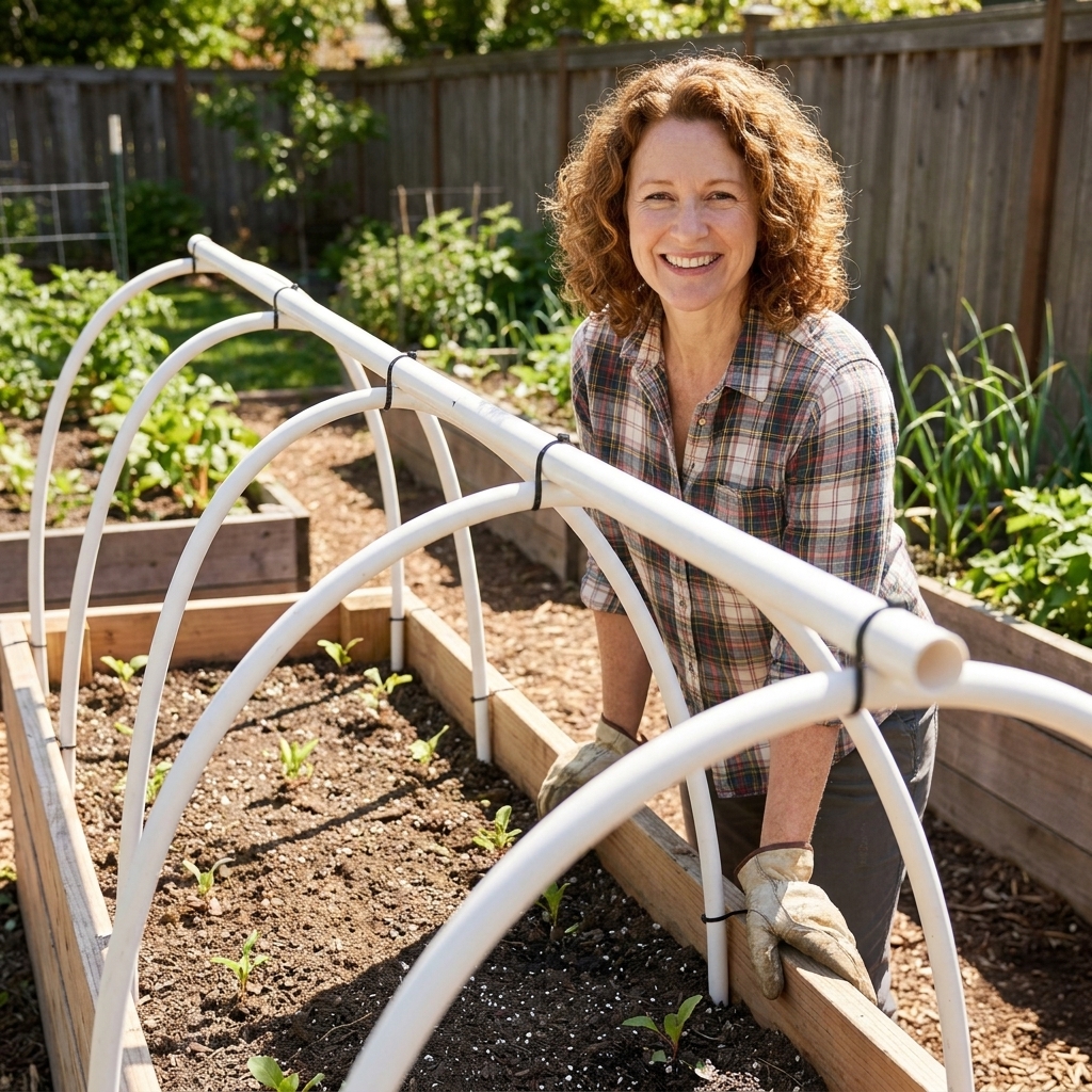 A raised bed hoop frame made from PVC pipes with a ridge pole running along the top, fastened to each hoop with zip ties