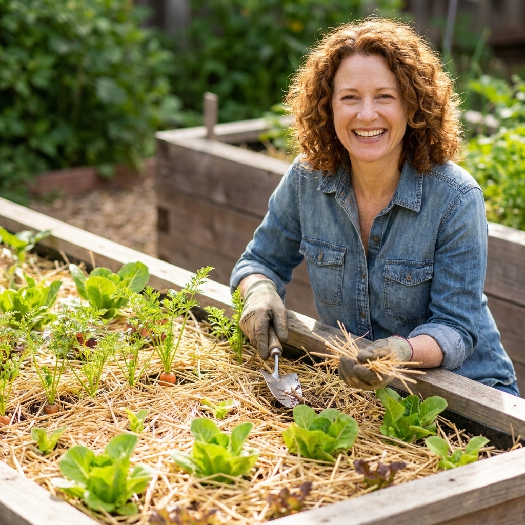 A raised bed of young vegetable seedlings with a fresh layer of straw mulch spread evenly between plants