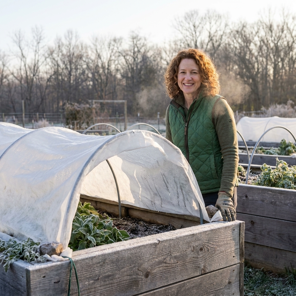 A raised bed vegetable garden covered with lightweight row cover supported by hoops on a chilly spring morning