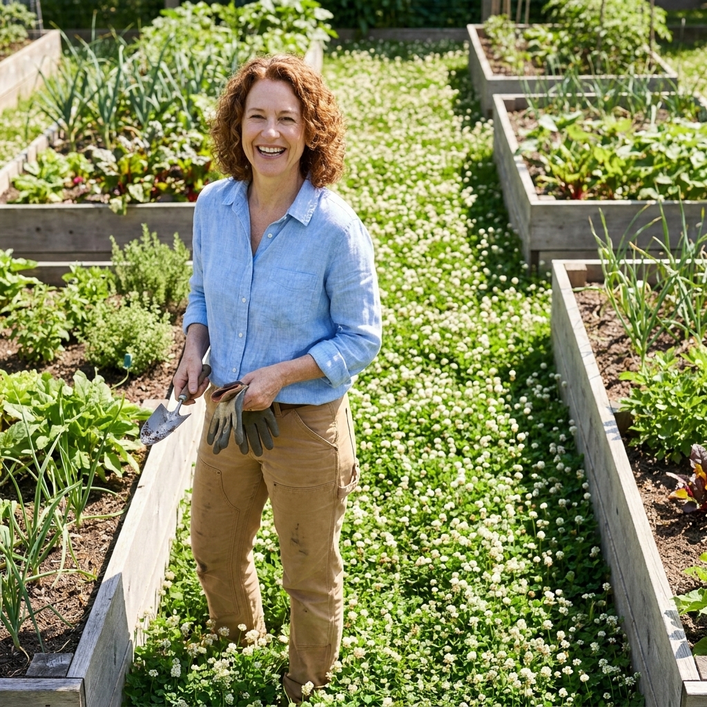 A raised bed vegetable garden with a dense white clover walkway in bloom between beds on a sunny day