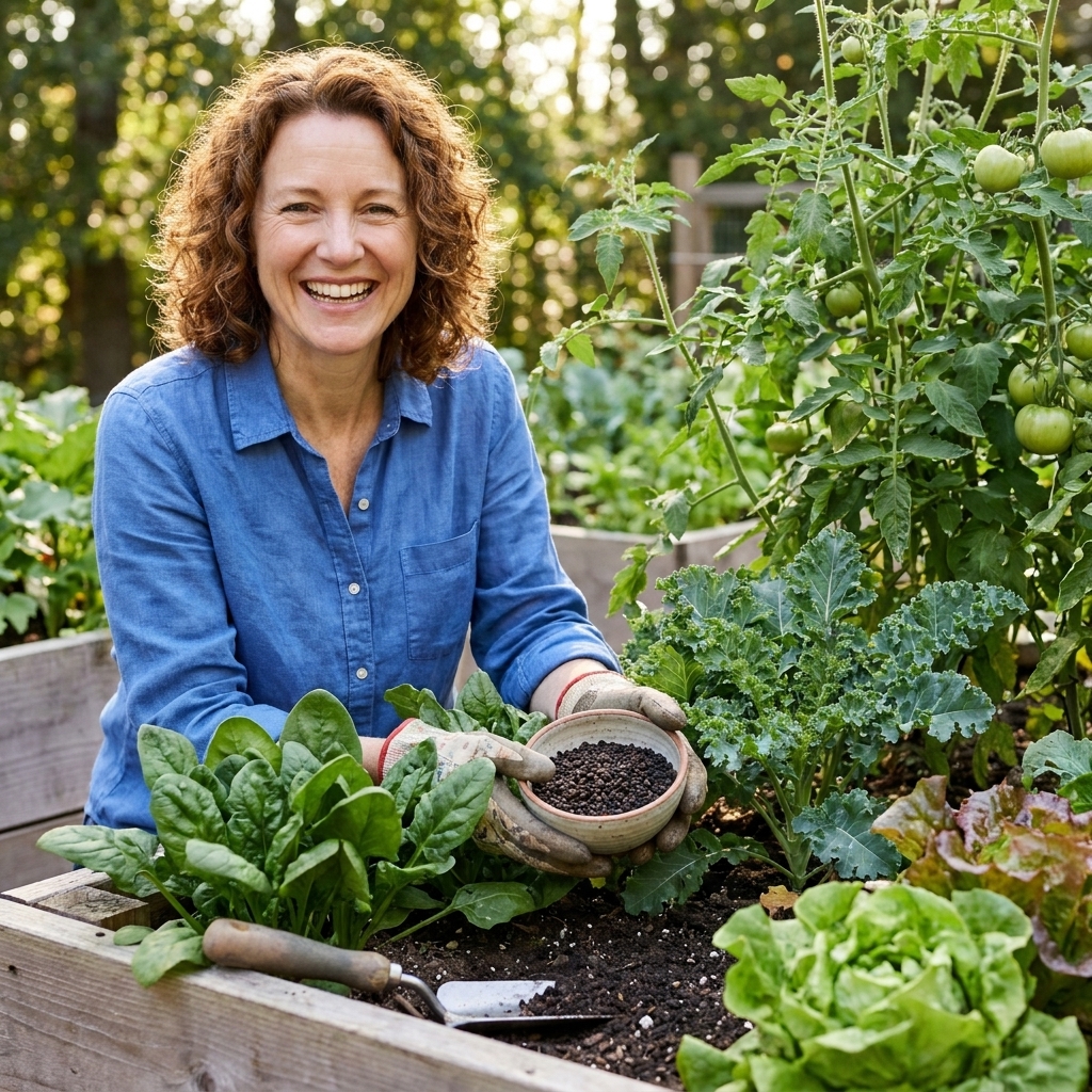 A raised bed vegetable garden with thriving leafy greens and tomato plants, with a small bowl of worm castings resting on the bed edge ready for top dressing