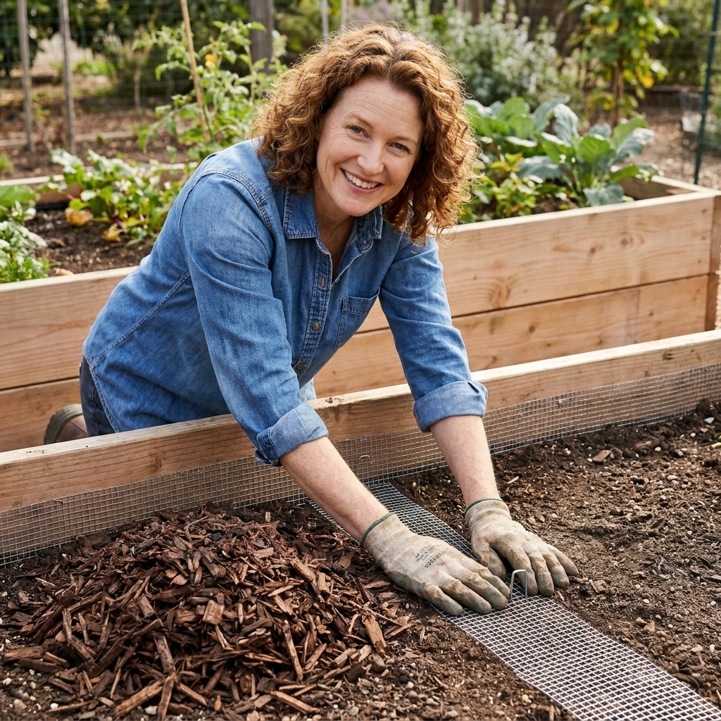 A raised bed with a strip of hardware cloth laid flat on the soil around the outside edge and pinned down with landscape staples before being covered with mulch