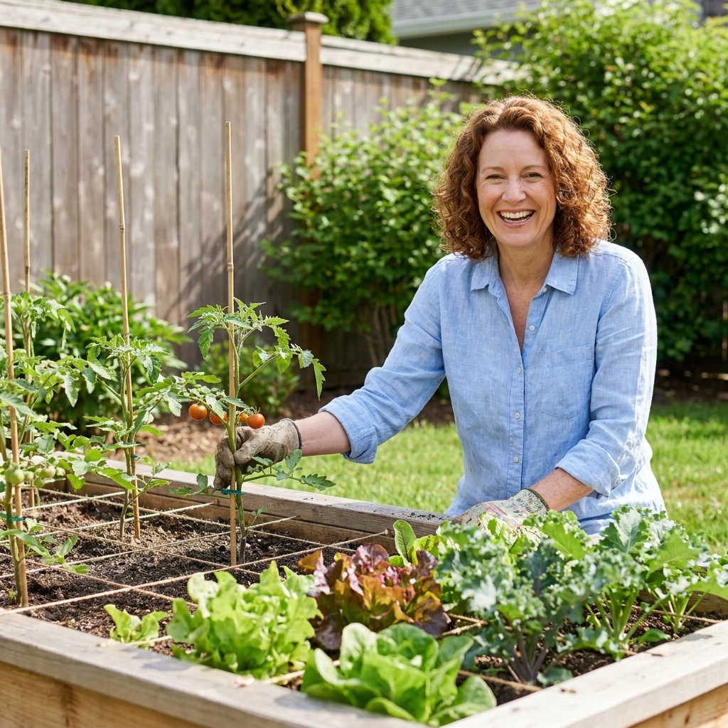 A raised bed with a visible grid, planted with staked tomato seedlings along the back row and mixed leafy greens in the front, in a suburban garden