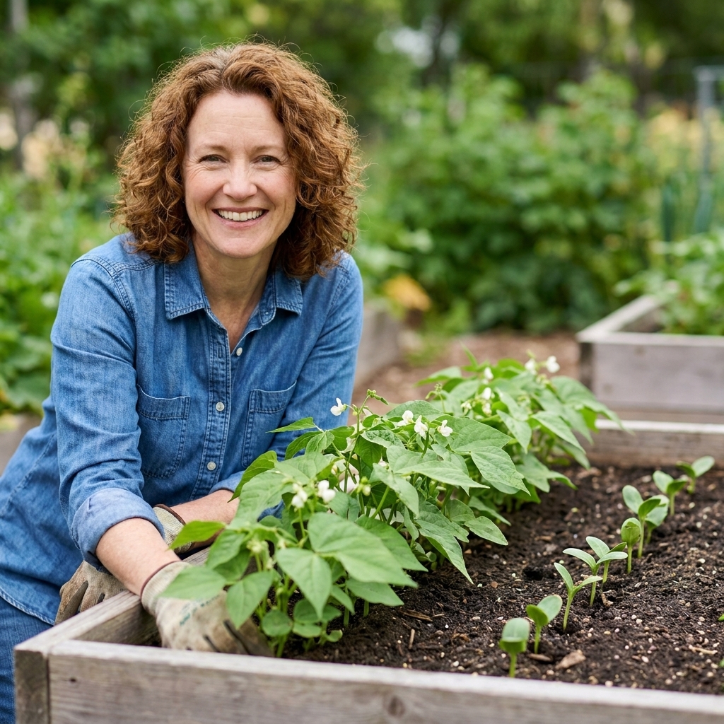 A raised bed with two short rows of bush beans, one row flowering and one row newly emerged seedlings, showing staggered planting times