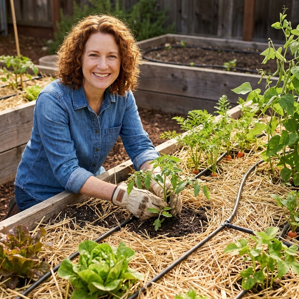 A raised bed with vegetable plants growing in rich soil covered by a neat layer of straw mulch, with drip irrigation tubing visible