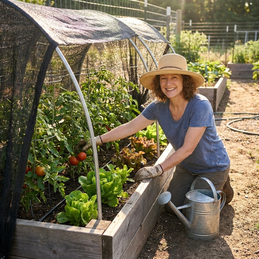 A raised vegetable bed covered with shade cloth on hoops during a hot summer afternoon
