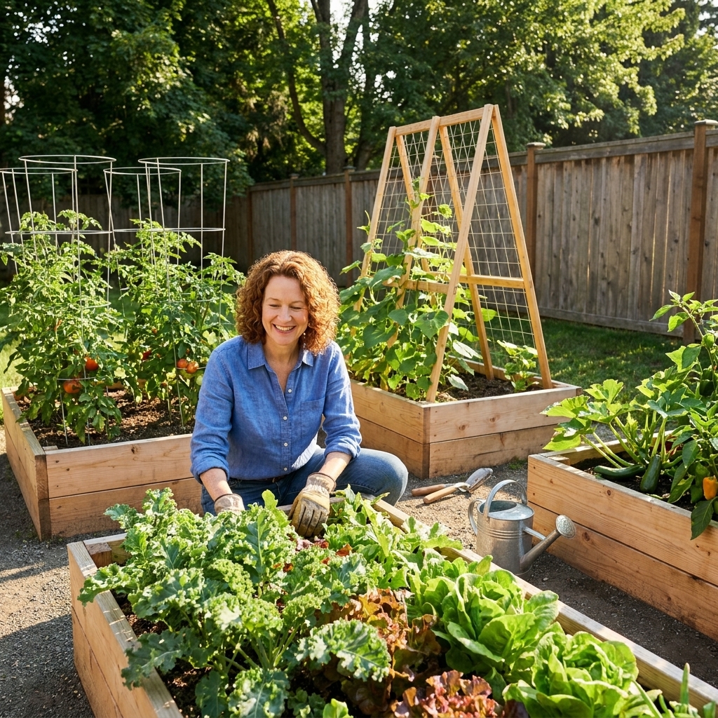 A real backyard scene with four raised beds growing different summer vegetables, including a tomato cage, a cucumber trellis, and leafy greens, bright afternoon light