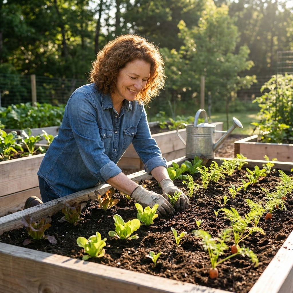 A real-life raised bed vegetable garden with dark, well-structured soil and young vegetable starts planted in neat rows, morning sunlight