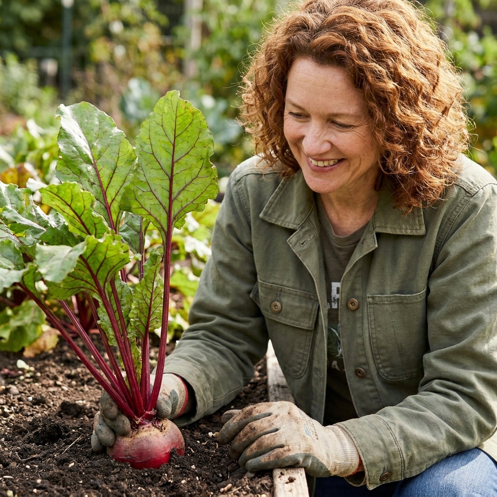 A red beet with its crown visible above dark garden soil, leafy greens standing upright