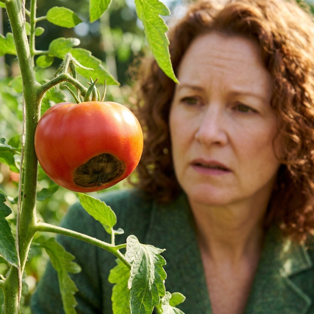 A ripe tomato on the vine showing a dark sunken patch on the blossom end