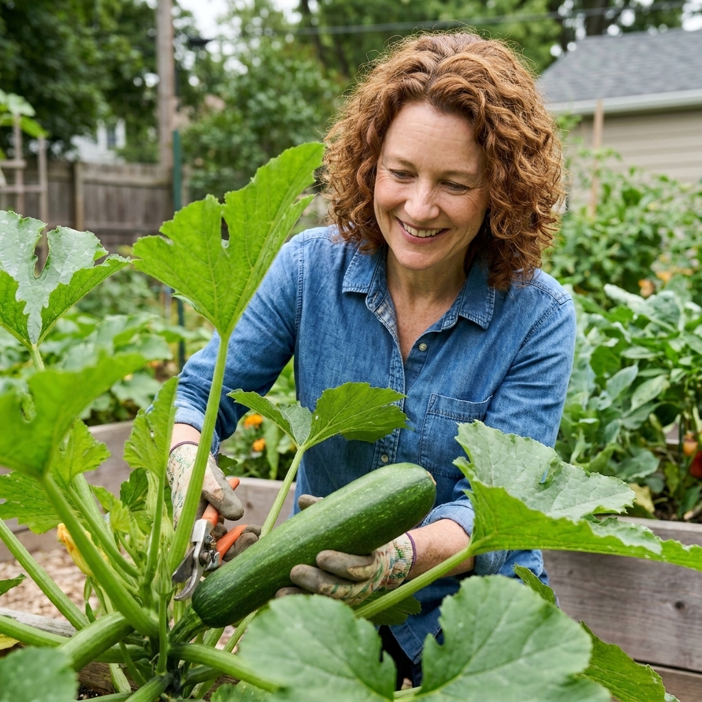 A ripe zucchini hanging on the plant with broad green leaves, ready to be cut from the stem in a backyard garden