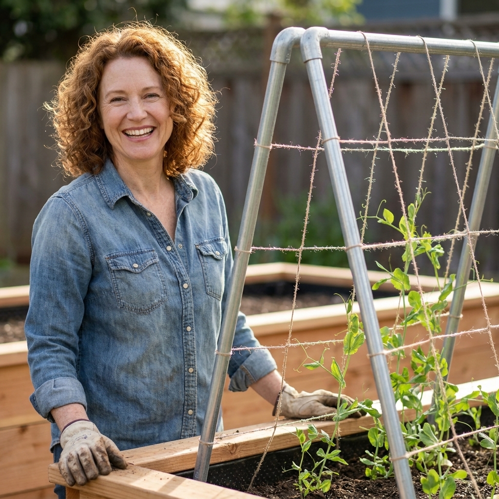 A simple A-frame trellis made from metal EMT conduit installed inside a cedar raised bed, with pea vines beginning to climb trellis netting