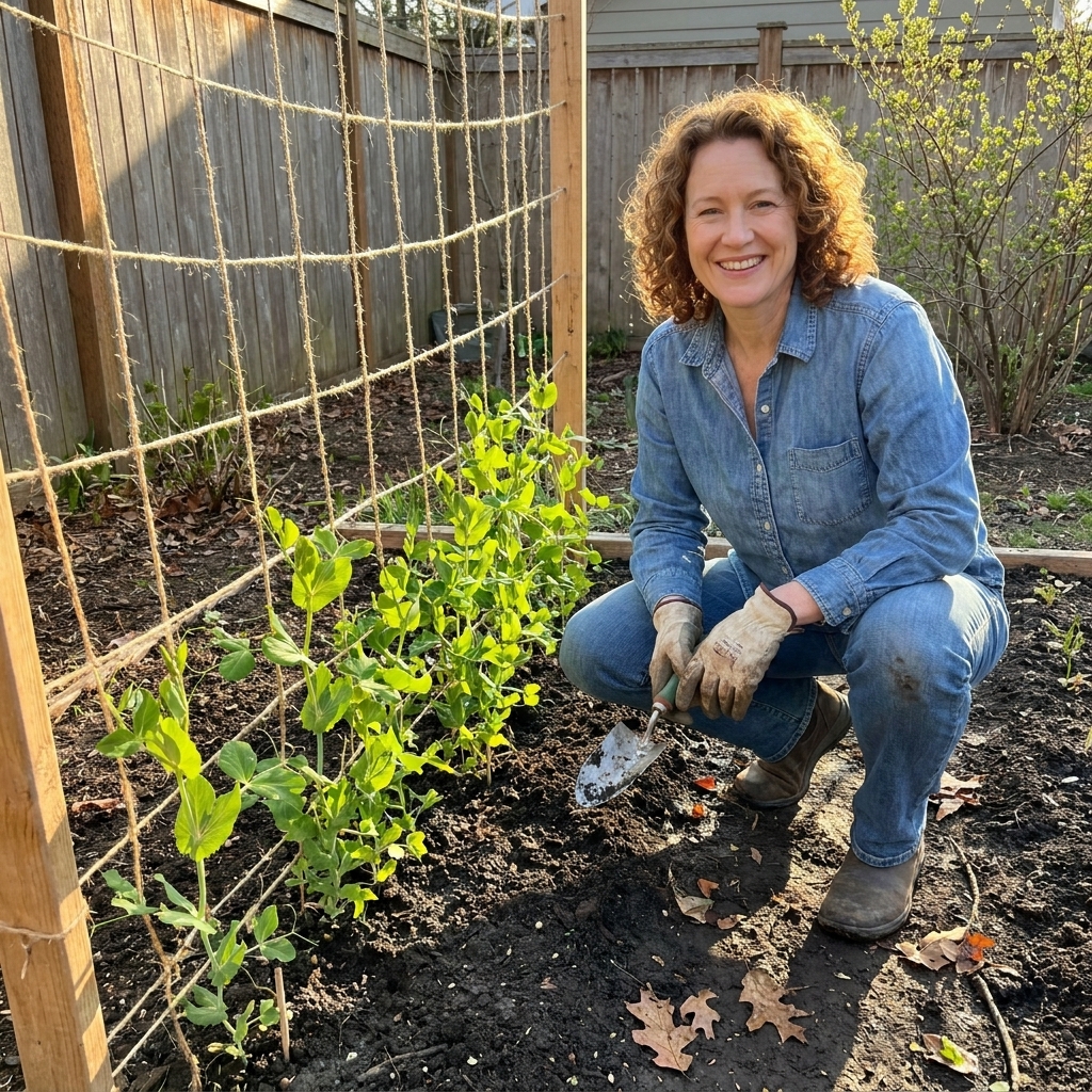 A simple twine pea trellis in a small backyard garden with young pea plants climbing in early spring sunlight, with moist soil and a few fallen leaves nearby