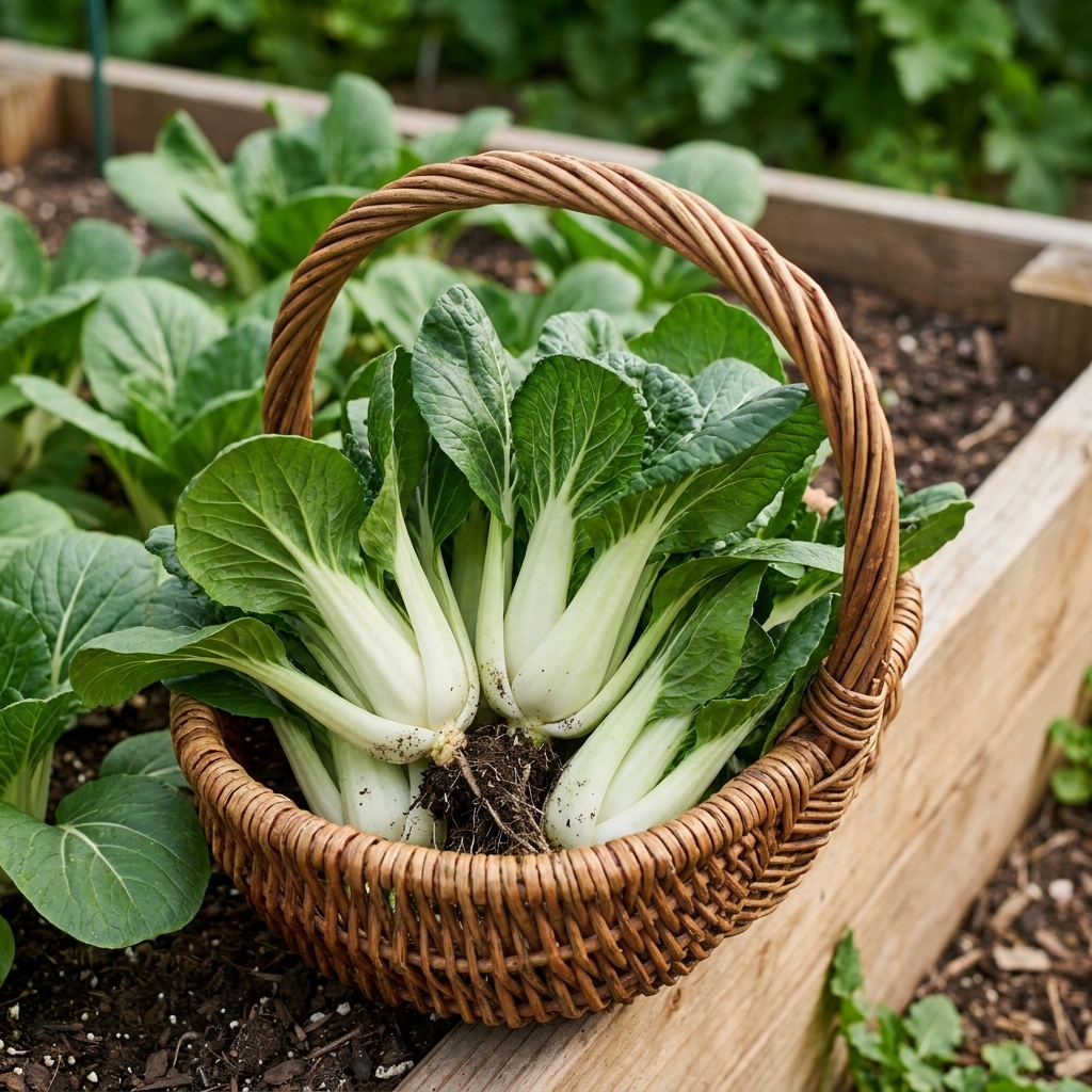 A small basket holding freshly harvested baby bok choy with pale stems and dark green leaves set beside a garden bed