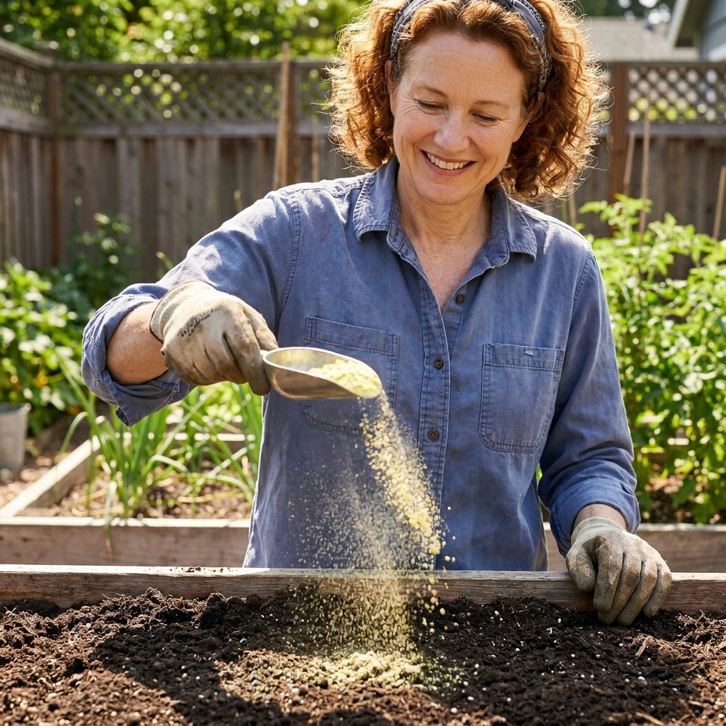 A small scoop of yellow elemental sulfur being sprinkled evenly over bare garden soil in a backyard vegetable bed