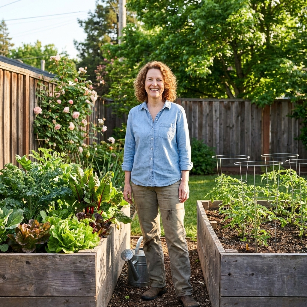 A small suburban backyard with two wooden raised beds, one planted with leafy greens and the other with young tomato plants, early summer sunlight