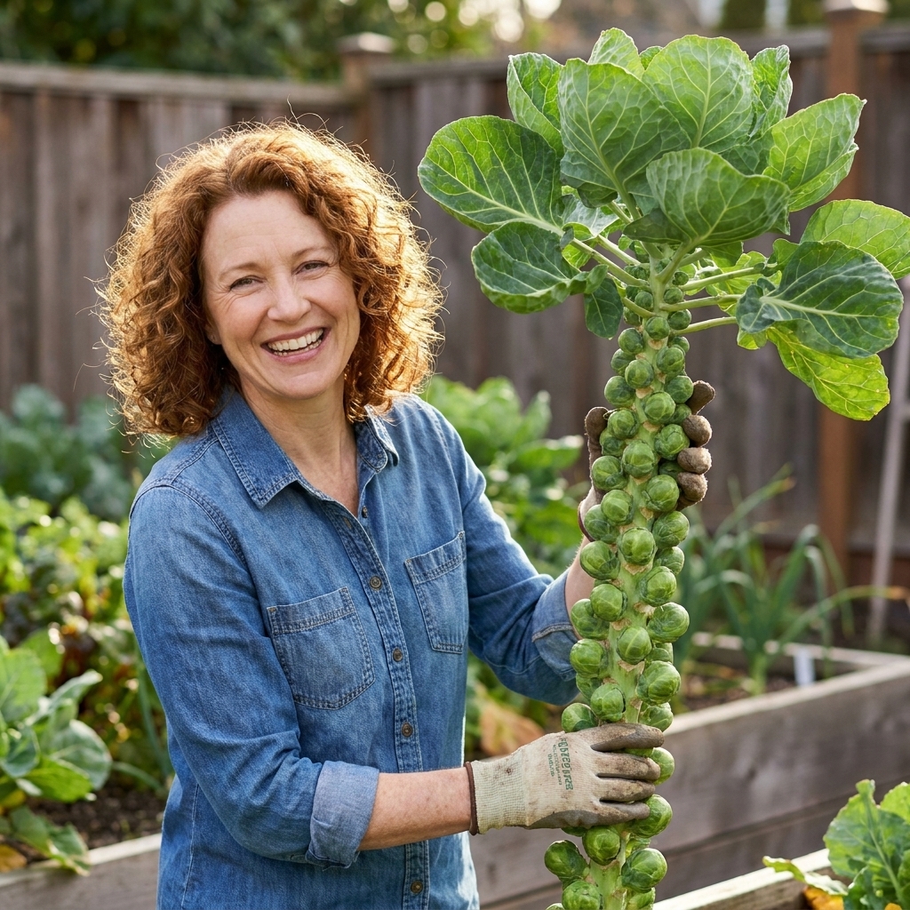 A tall Brussels sprout plant in a garden bed with firm green sprouts along the stalk and large leaves