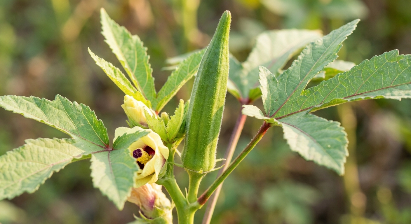 A tender okra pod about three inches long growing upright on the okra plant, with the flower stem and leaves visible
