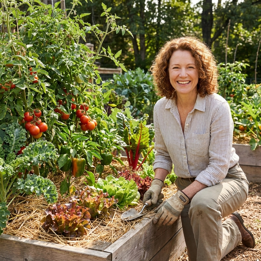 A thriving summer raised bed with tomatoes, peppers, leafy greens, and mulch, showing dense healthy growth