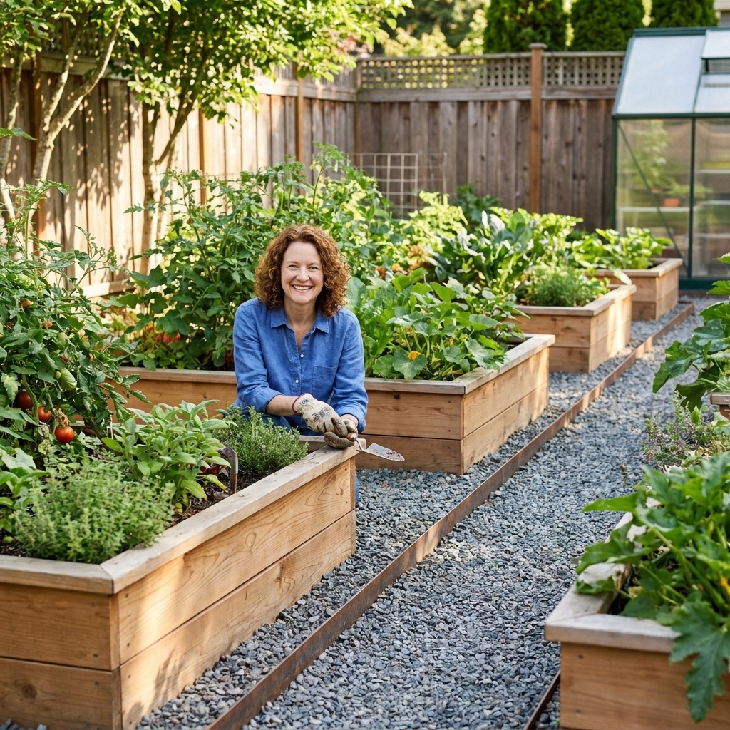 A tidy vegetable garden with crushed stone pathways between cedar raised beds, with a metal edging strip holding the gravel in place