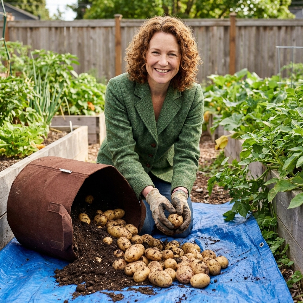 A tipped fabric grow bag spilling soil onto a tarp with freshly harvested potatoes visible, hands sorting potatoes in a backyard garden.