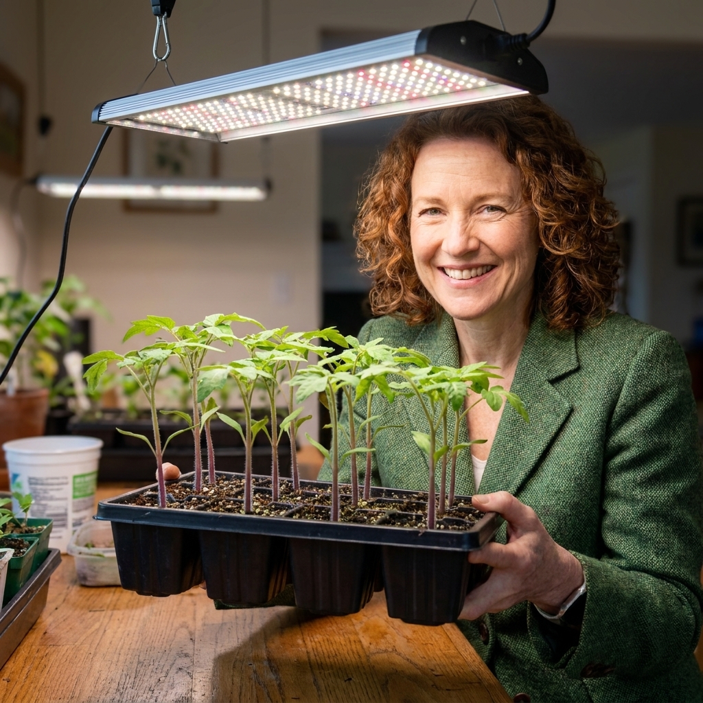 A tray of healthy tomato seedlings with sturdy stems and bright green leaves under a hanging grow light