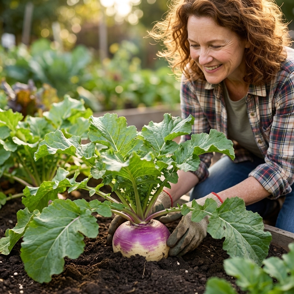 A turnip growing in a garden bed with a purple shoulder visible at the soil surface and broad green leaves above
