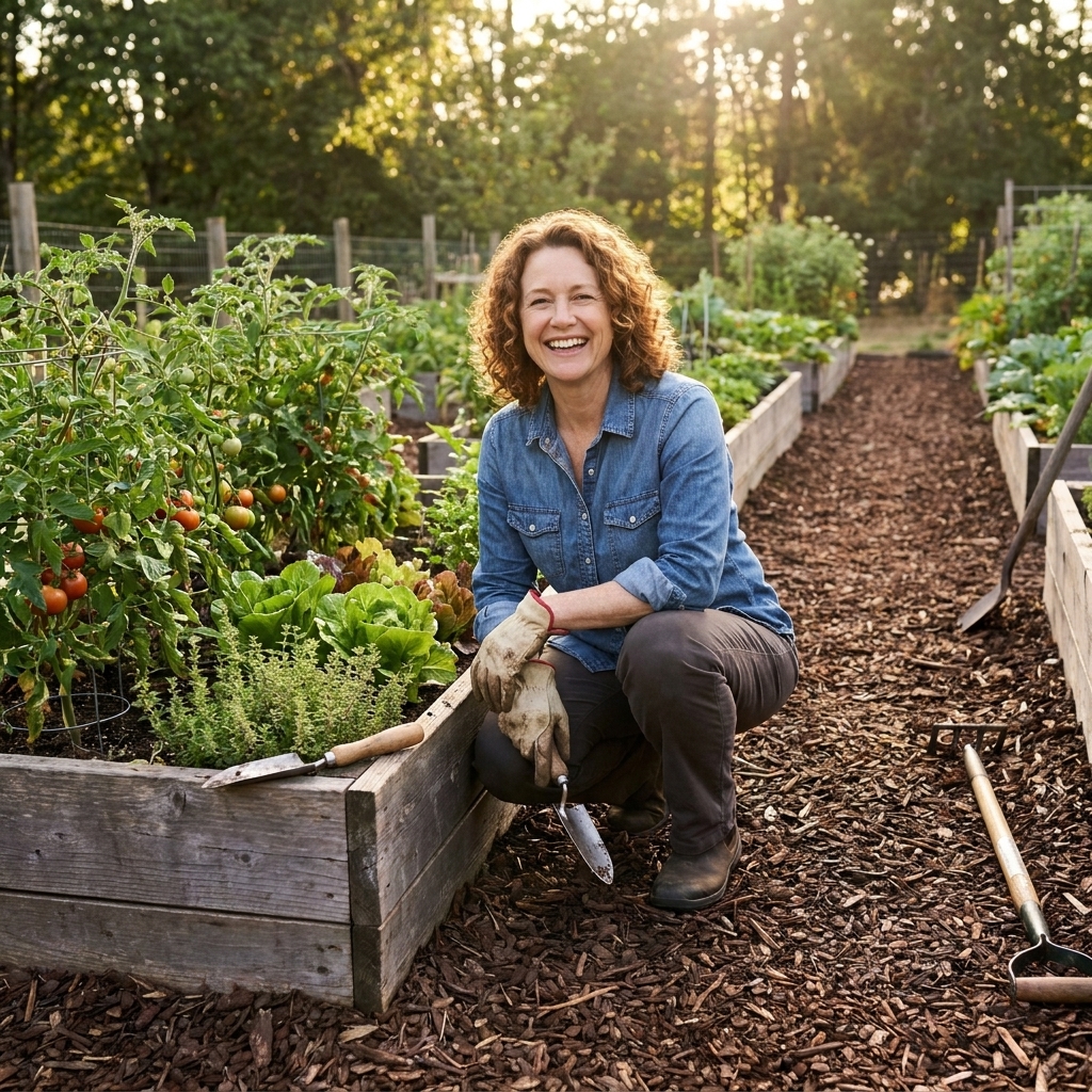 A vegetable garden with wooden raised beds separated by wide mulch paths that allow easy walking and tool access