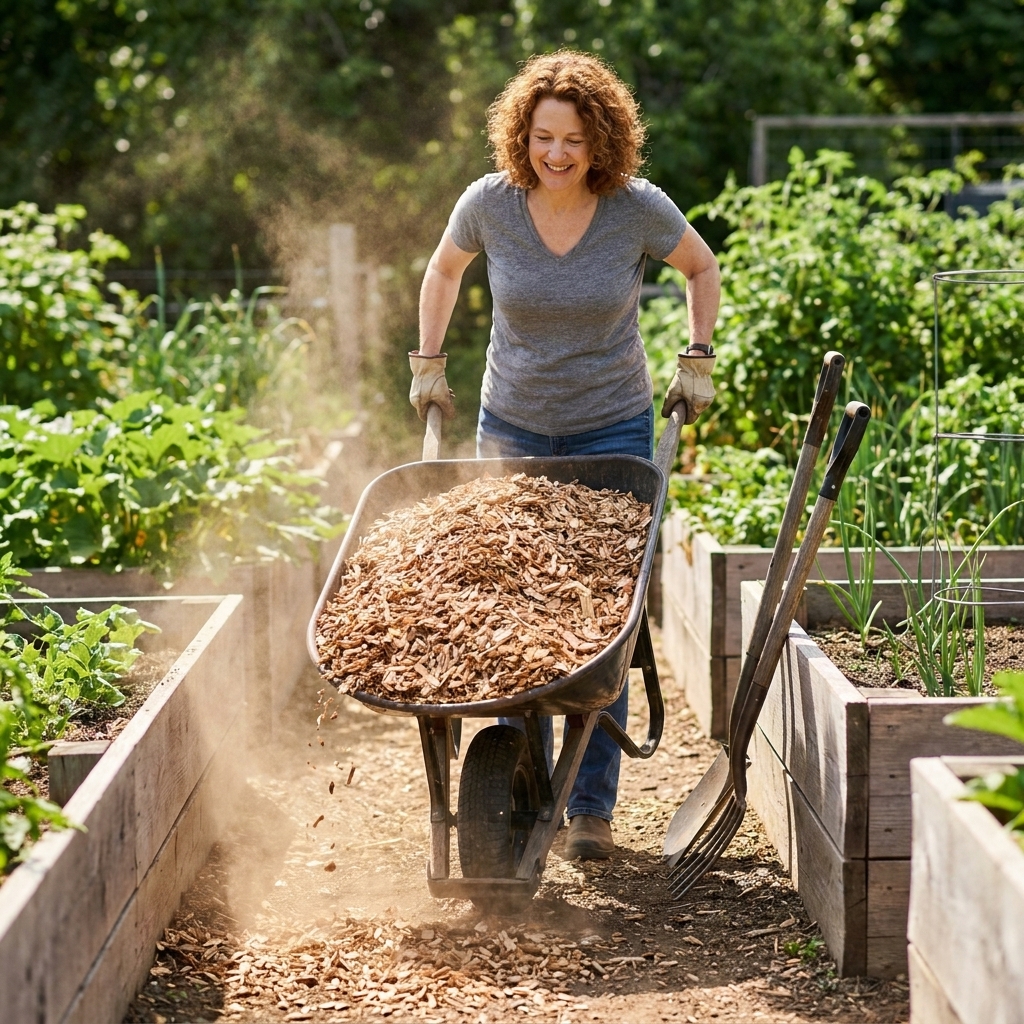 A wheelbarrow dumping fresh arborist wood chips onto a garden pathway between raised vegetable beds